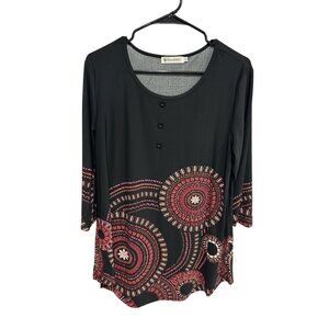 Baishenggt Black Mandala Print Tunic Top Size Large 3/4 Sleeve Boho Naturecore